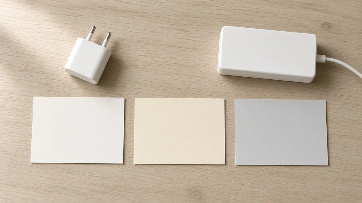 Three blank cards in a row under a small phone charger and a larger laptop brick, for plug adapter only, a voltage converter question, and unresolved.