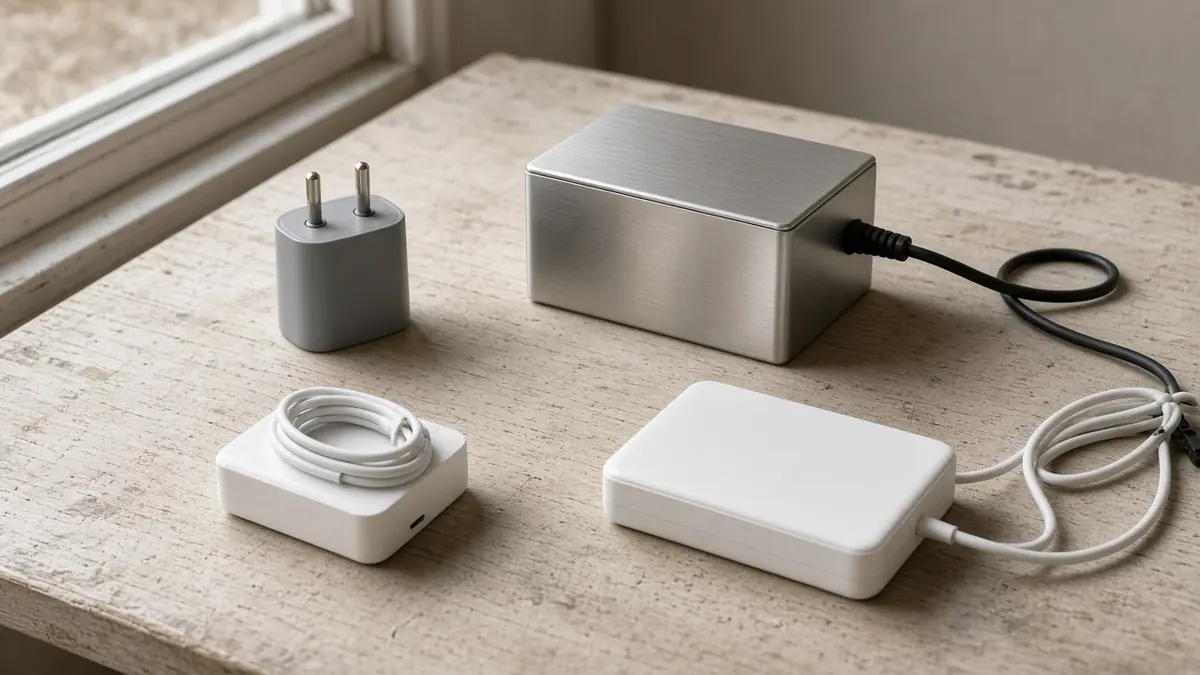 A blank two-prong plug adapter beside a larger unmarked metal box, with a small phone charger and a larger laptop charger set apart on the desk.