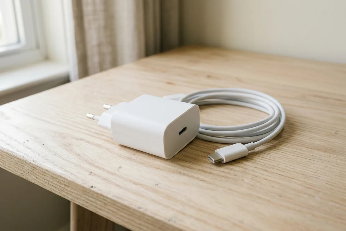 An unplugged white USB-C charger and a disconnected cable rest on a pale wooden desk.