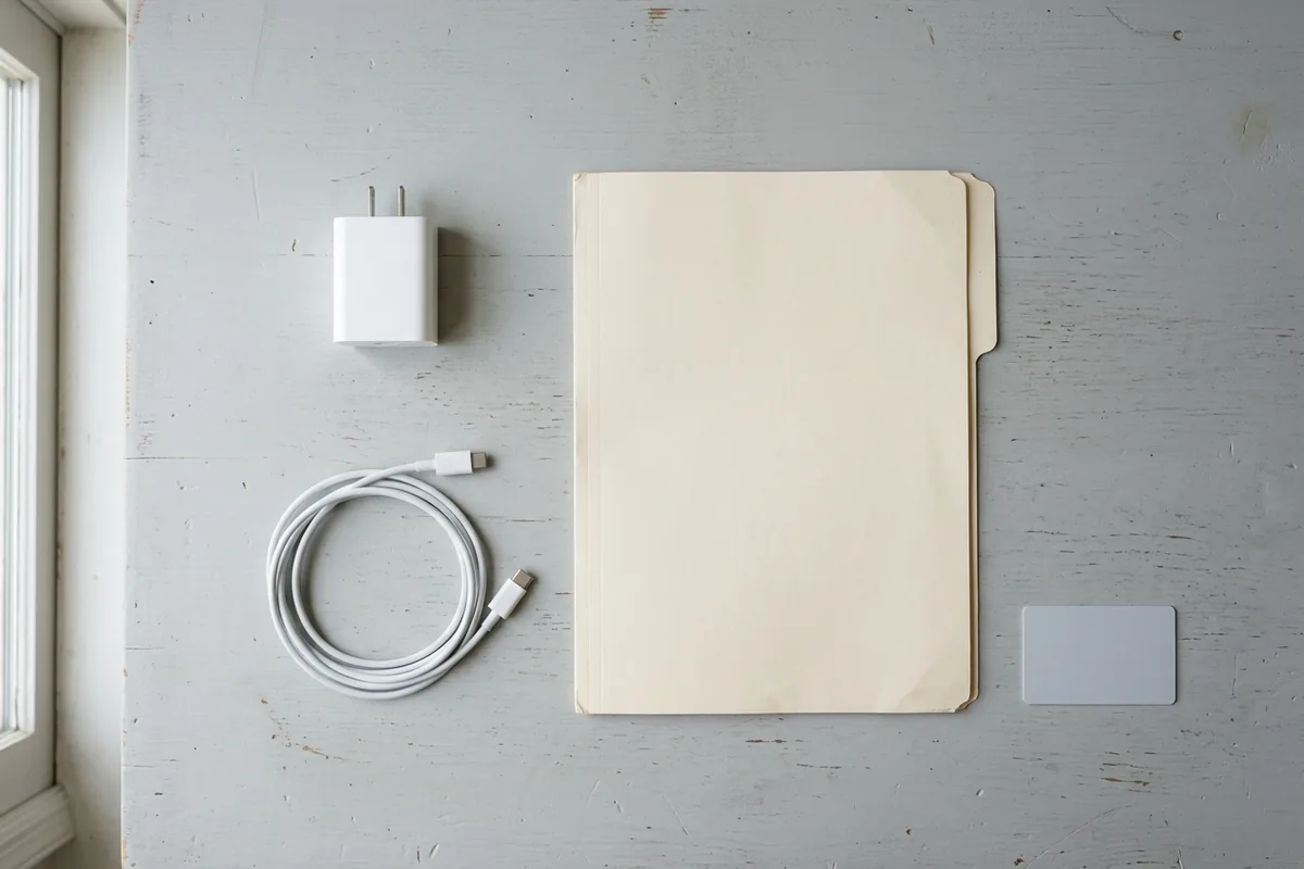 An unplugged charger, disconnected cable, plain folder and plastic sample are arranged separately on a desk.