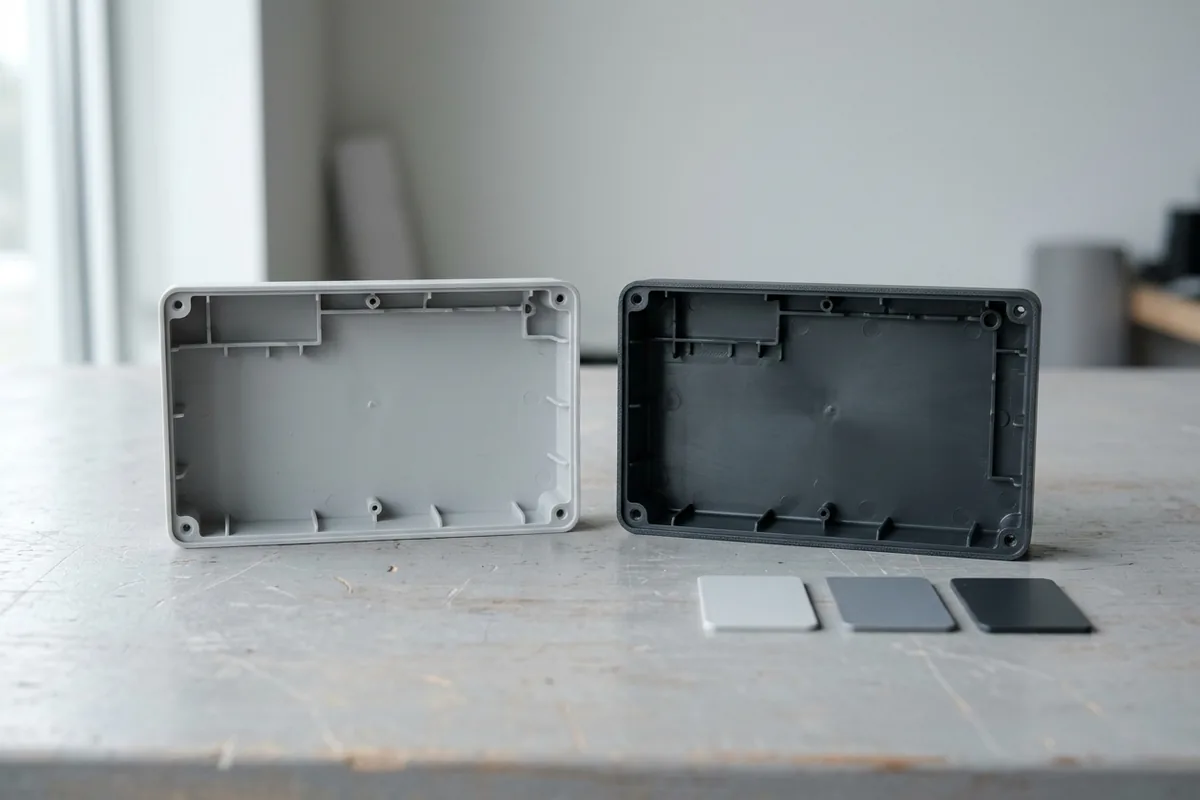Two empty molded plastic enclosure halves and blank plastic coupons lie on a light work surface.